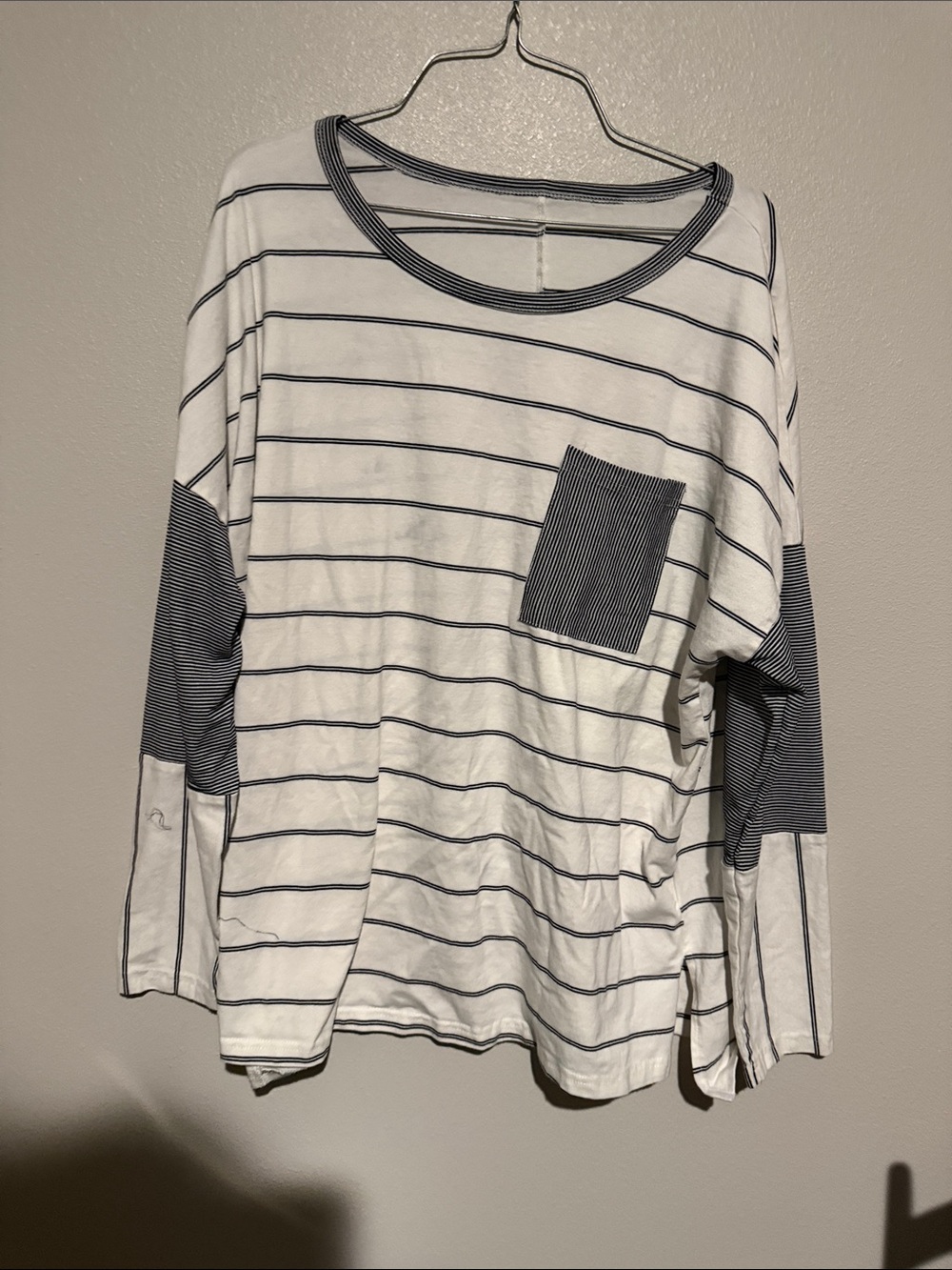Striped White and Navy Long Sleeve Pocket Top